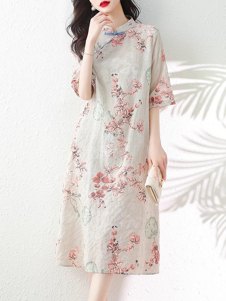 

2024 Summer Elegant Retro Print Cotton Qipao Dress with Diagonal Lapel and Stand Collar Extra Large (XL) красный