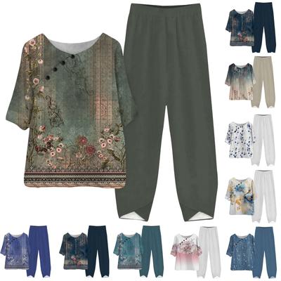 Women's Summer Half Sleeve Printed Tops Elastic Waist Nine Piece Pants Two Piece Set