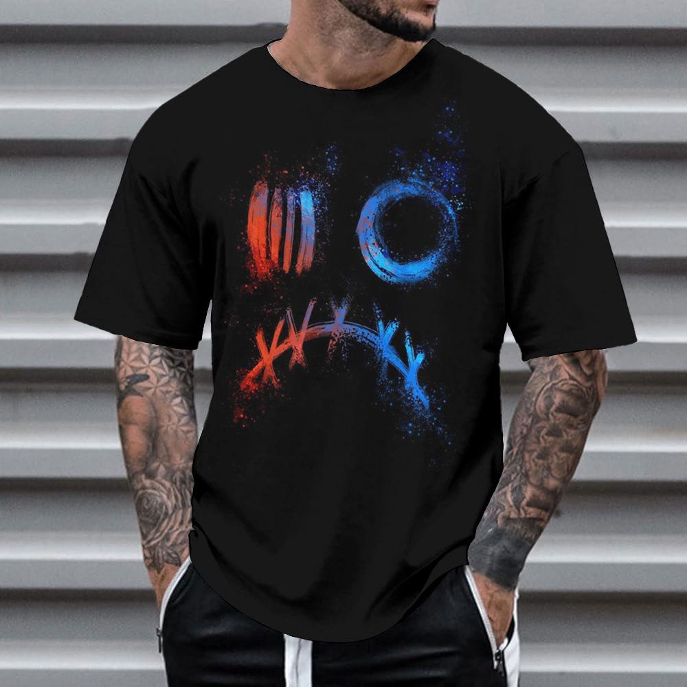 Summer Round Neck 3D Neon Graffiti Skull Graphic Print Top Fashionable Casual Short Sleeved Men's T-shirts