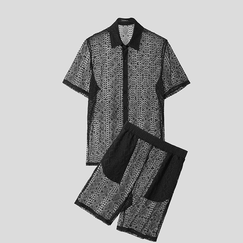 

INCERUN Two Piece Suit Summer Men Short Sleeve Lace Tops Shorts Sets Beach Outfits 5XL чорний
