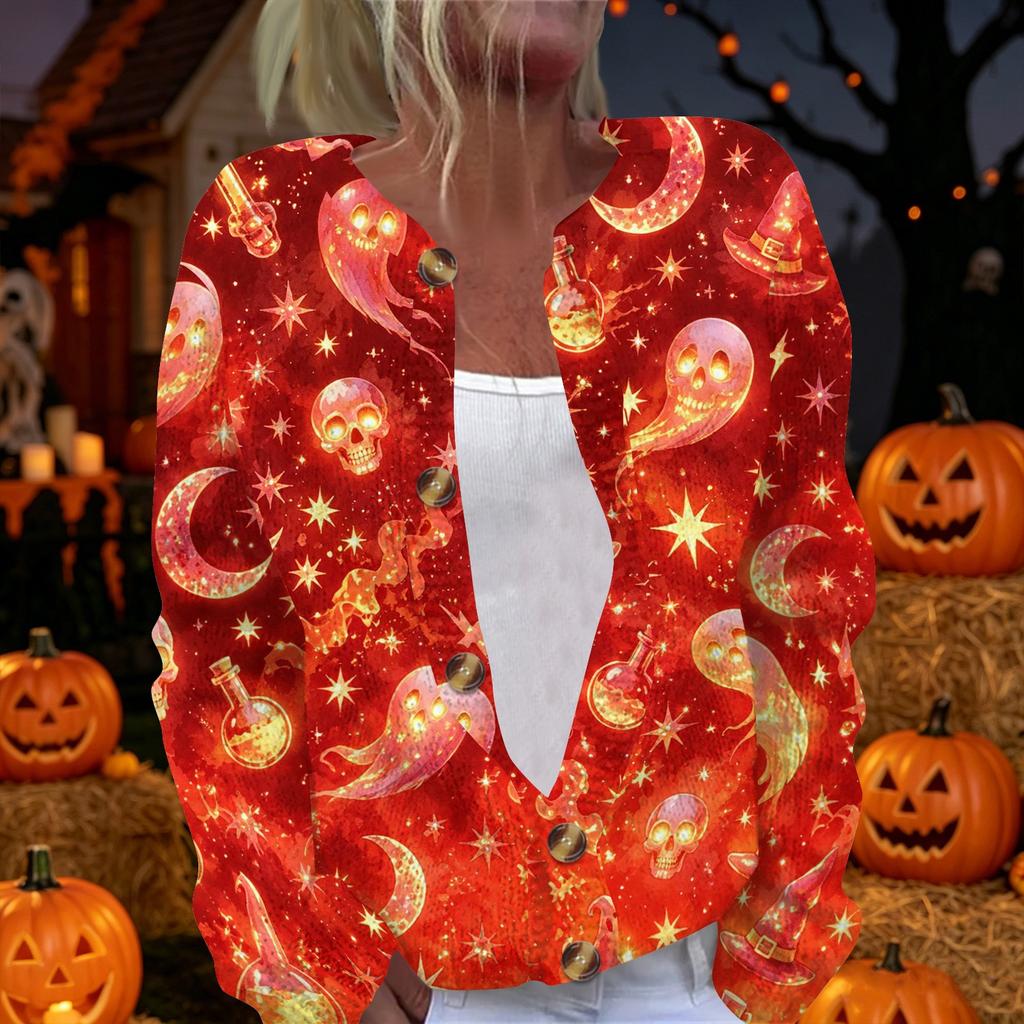 Damen Strickjacke mit langen Ärmeln, zum Knöpfen, Pullover mit Halloween-Print, Leichte Freizeit-Oberbekleidung