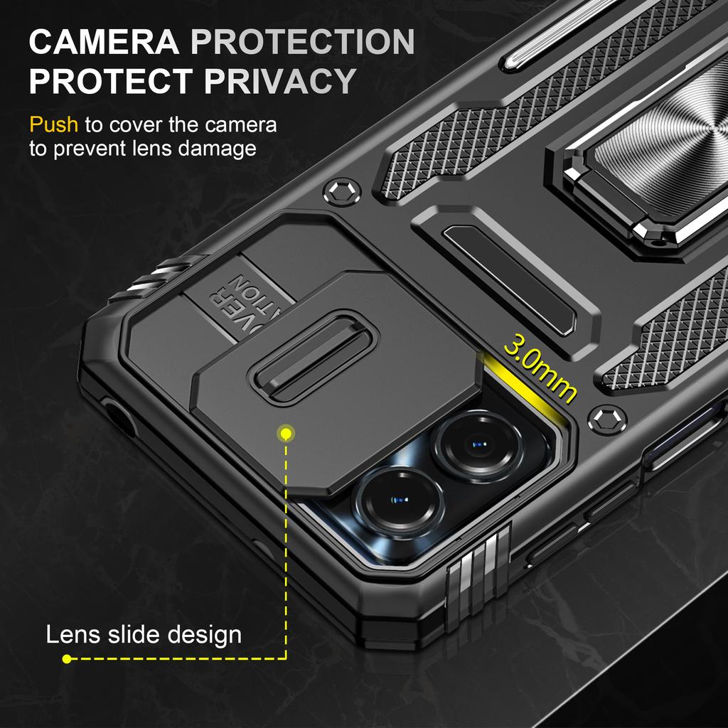For Motorola Moto G23 4G/G13 4G Armor Series Metal Kickstand Cover Slide Lens Lid PC+TPU Phone Case