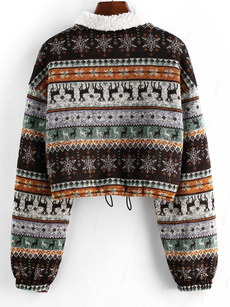 ZAFUL Christmas Elg Snøring Faux Shearling Strikkejakke
