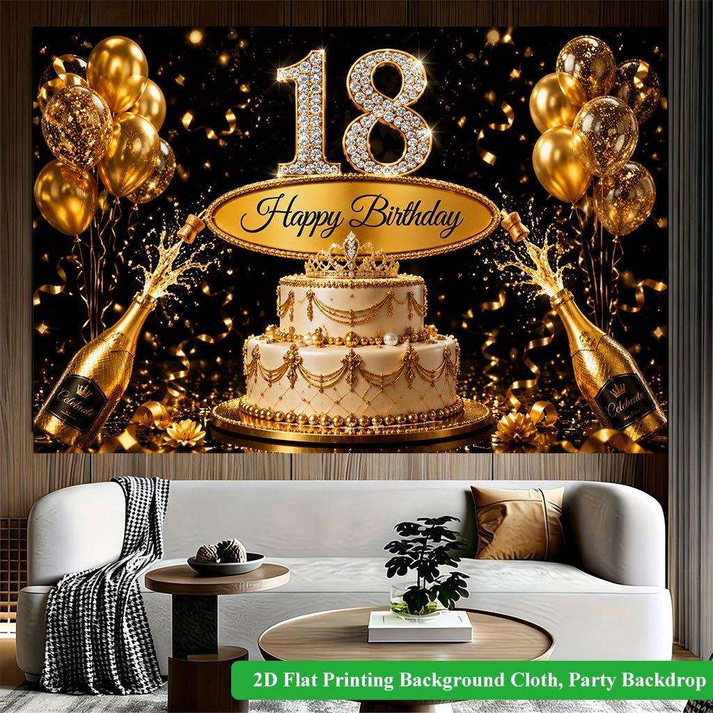 2D Flat Backdrop1pc Gold Theme Birthday Party Backdrop Banner Polyester Wall Decor For Living Room Bedroom Office Outdoor Decor Party