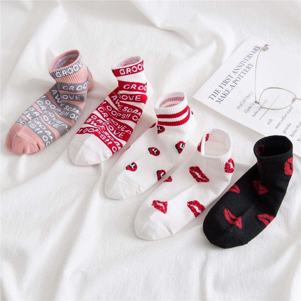 1 Pair Chic Women Summer Red Lips Love Heart Funny Lettered Socks Hipster Sport Short Ankle Sokken Preppy Style College Fashion