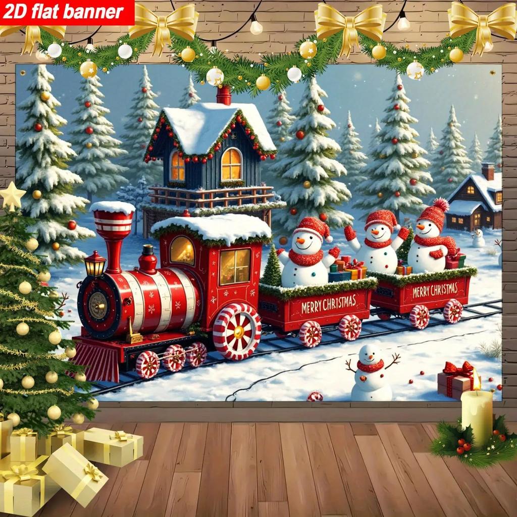1pc2D flat, Christmas train and snowman background banner, suitable for Christmas, New Year, winter party, no power required wsj