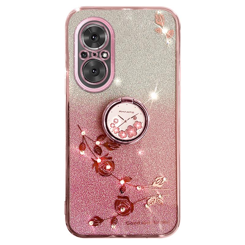 

KADEM For Huawei nova 9 SE/Honor 50 SE TPU Phone Cover Glitter Anti-scratch Ring Kickstand Flower Pattern Phone Case Rose Gold