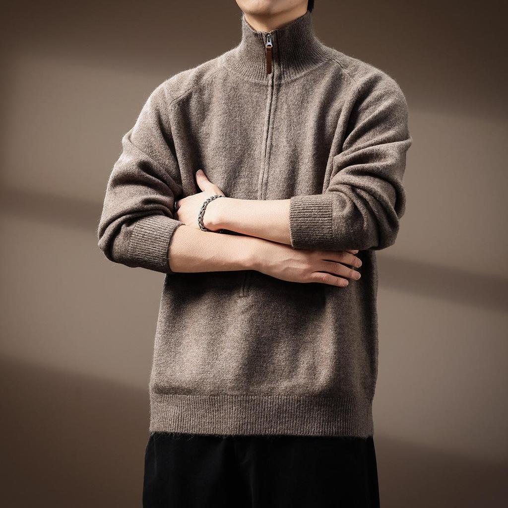 Premium American Style Men's Half-High Collar Knit Sweater - Warm, Anti-Pilling, Plus Size, Long Zipper.