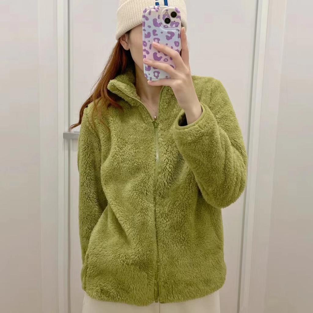 Long Pile Fleece Jacket Stand Collar Fuzzy Warm Jacket Zipper Cardigan