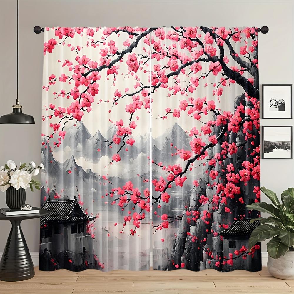 2 Panels Cherry Blossom Curtains Oriental Ink Painting Mountain Landscape Printed Polyester Living Room Bedroom Window Drapes
