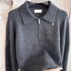 Fall Winter Pullover Women Button Turn Down Collar Long Sleeve Half Zip Knit Sweater
