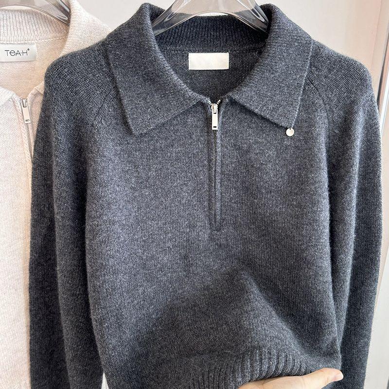 Fall Winter Pullover Women Button Turn Down Collar Long Sleeve Half Zip Knit Sweater