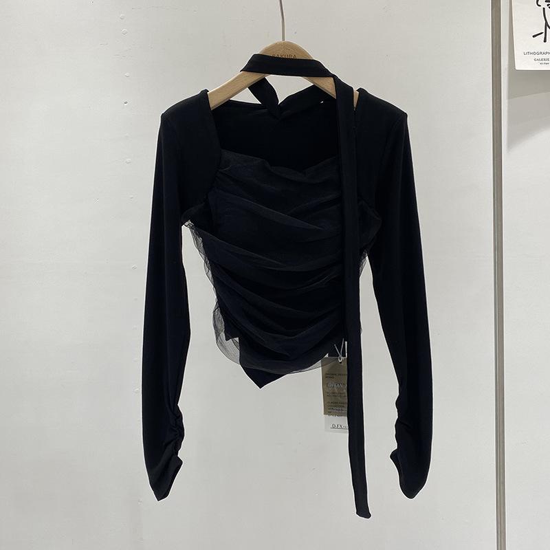 

Autumn 2024 Korean Chic Mesh Layered Square Neck Long Sleeve Irregular T-Shirt with Chest Pads for Women One Size чёрный