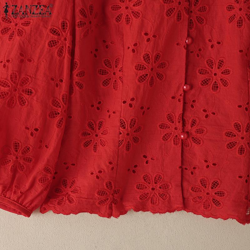 ZANZEA Women Casual O-neck 3/4 Sleeve Embroidery Lace Blouse