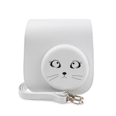HIYQIN Instax FUJIFILM instax tillämplig söt kameraväska med axelrem PU kattansikte med stora ögon fodral, mini12/11/9/8+/8 fodral, rem, läder, (grå)
