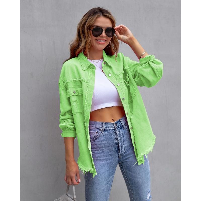 Holes Raw-edges Denim Jacket Women Spring Autumn Shirt Style Jeancoat Casual Top Rose-Red Orange Purple Outerwear Lady Coat