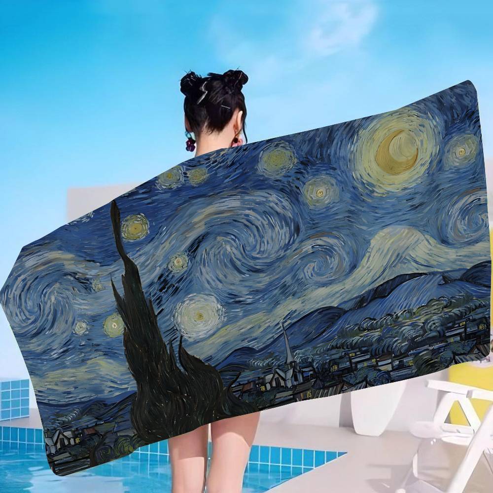 Van Gogh Starry Sky Art Microfiber Printed Beach Towel Mountain Climbing Yoga Beach Swimming Running Absorbent Soft Towel