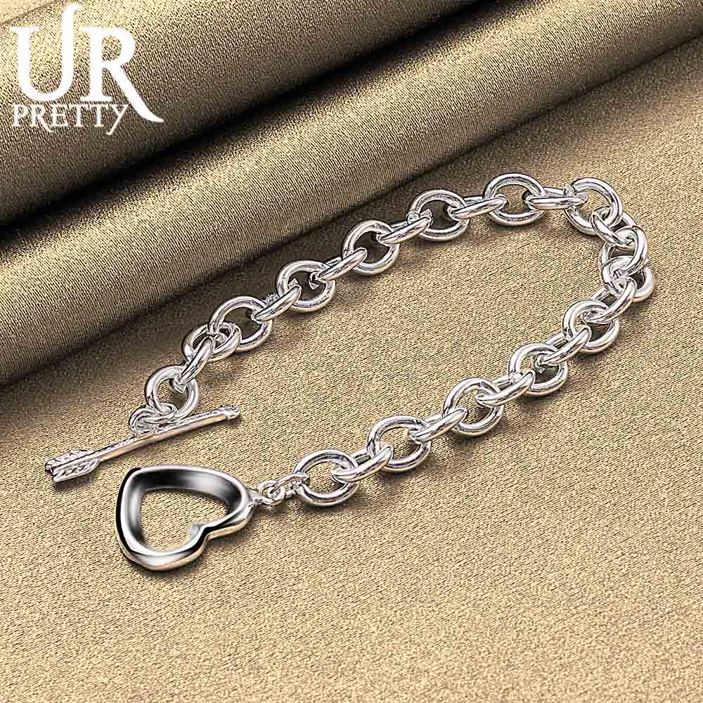 Pulseira de prata esterlina 925 clássica com corrente redonda e fivela em forma de coração e flecha, joias de casamento da moda