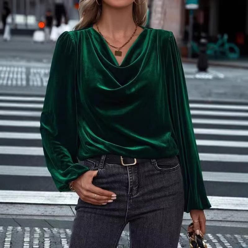 Autumn/Winter Women's Golden Velvet High Neck Puff Sleeve Top