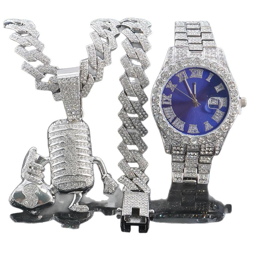 Hot Selling Cartoon Microphone, Money Bag Pendant, Diamond Cuban Chain Necklace, Bracelet, Men's Watch Set in Europe and America