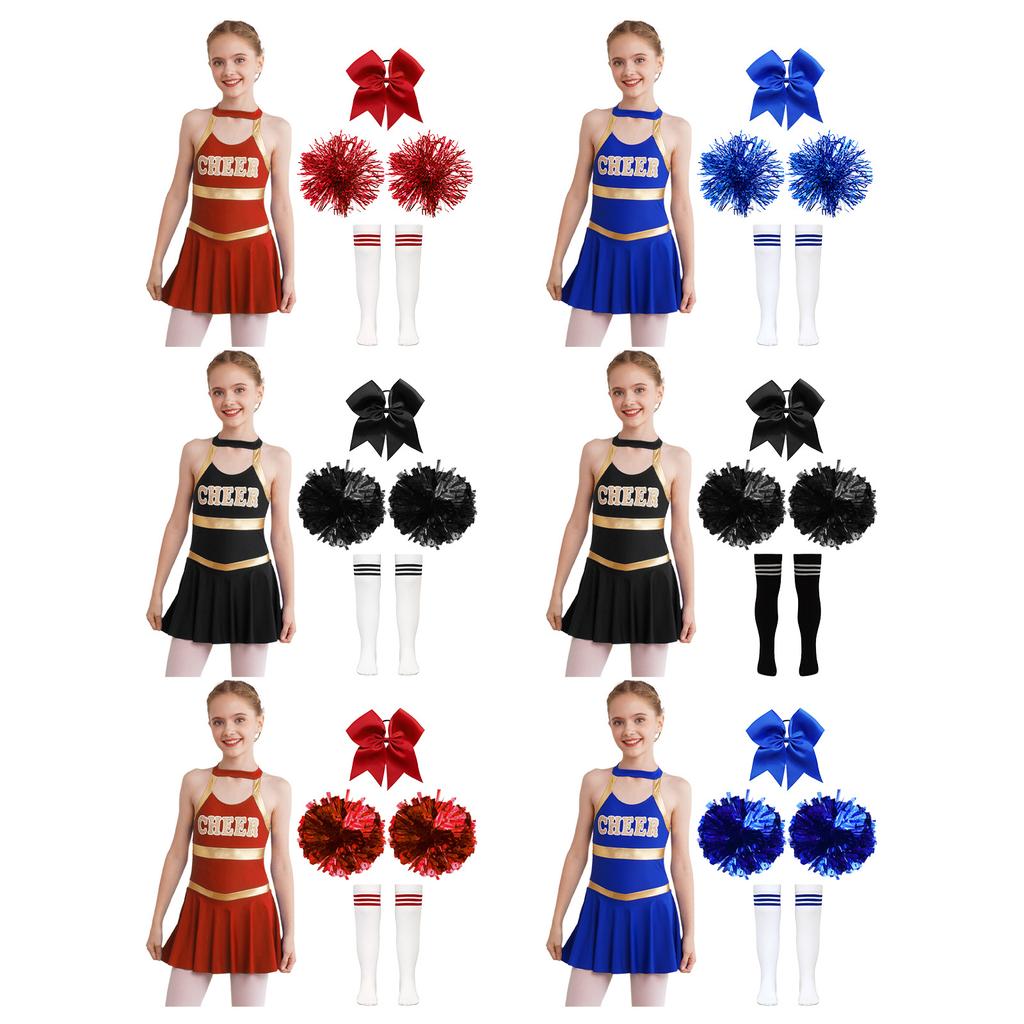 Kids Girls Cheerleading Outfits Letter Print Patchwork Sleeveless Dance Dress Bowknot Headwear Hand Flowers Striped Tube Socks
