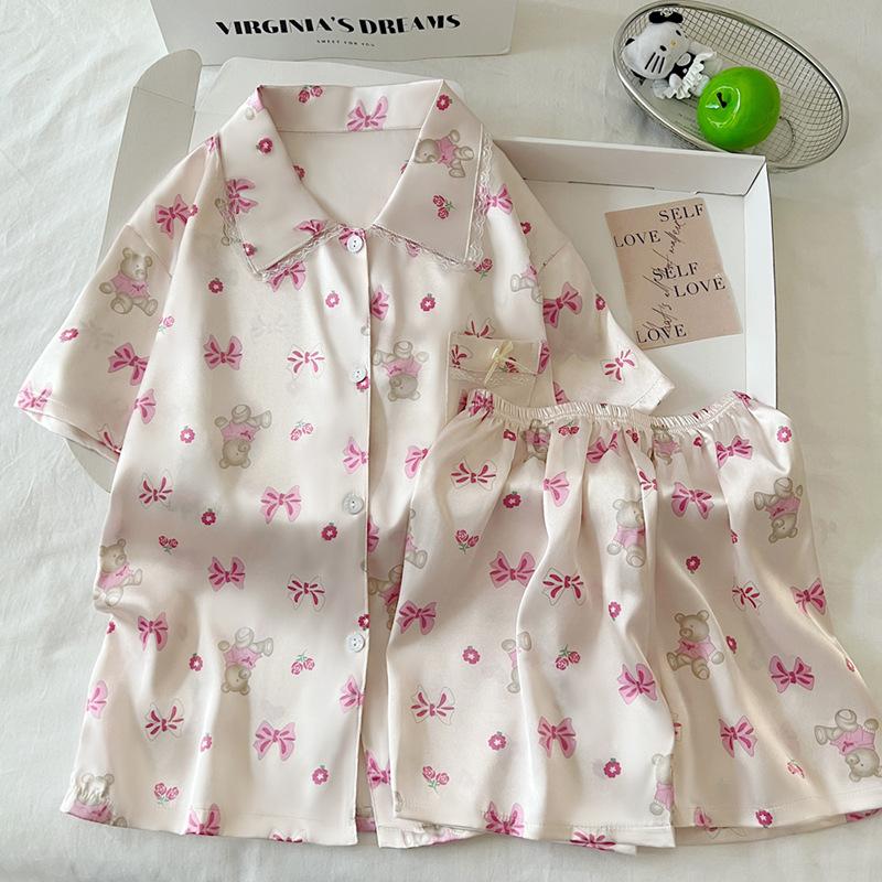 Sweet Style Casual Cartoon Bear Ice Silk Pajamas Women'S Summer Short-Sleeved Suit Loungewear