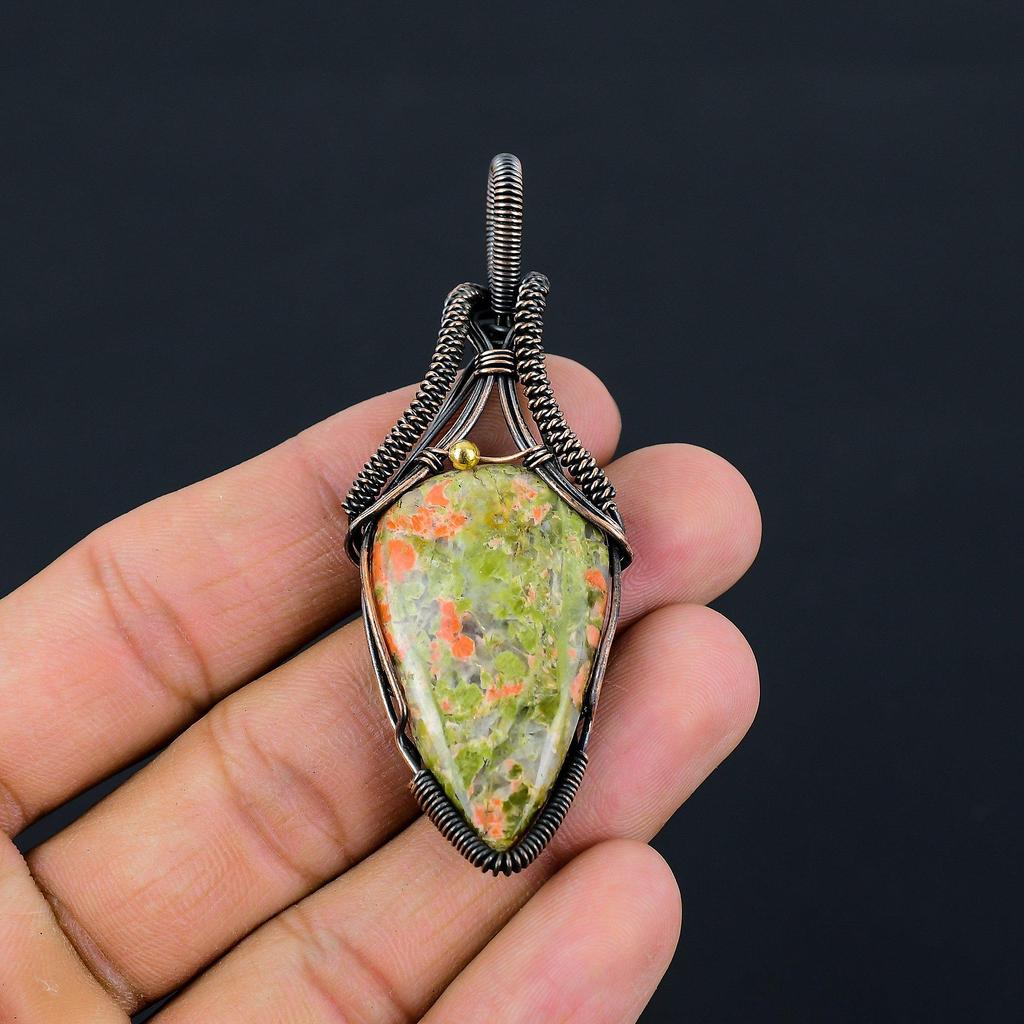 Unakite Gemstone Pure Copper Wire Wrapped Handmade Pendant Jewelry For Gift