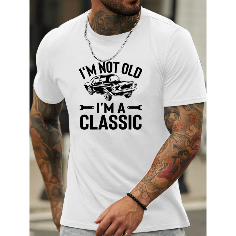 European size Men's Classic Car Pattern T-Shirt Beige Short Sleeve Crew Neck T-Shirt, Lightweight, Summer Casual Wear, Machine Washable TopVintage