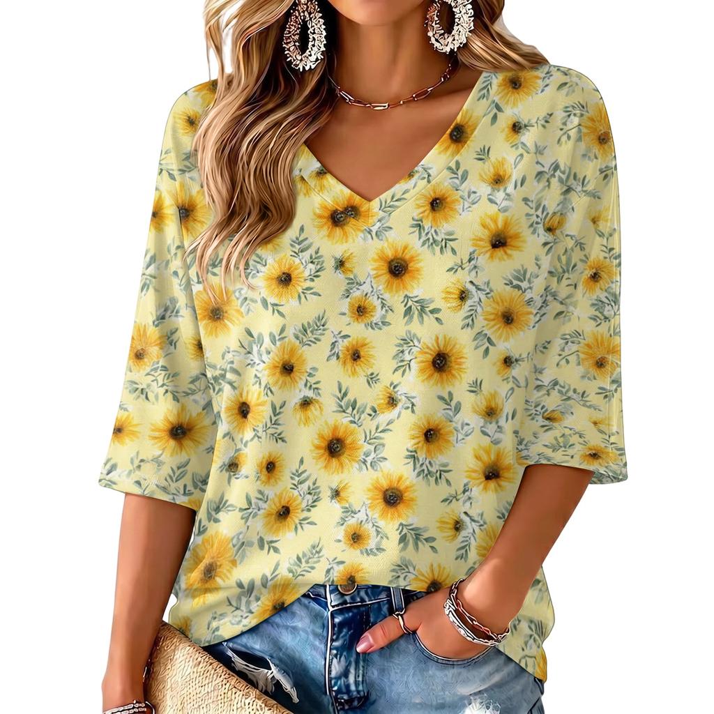 Women's Floral Print V-Neck Blouse Lightweight for Spring and Summer