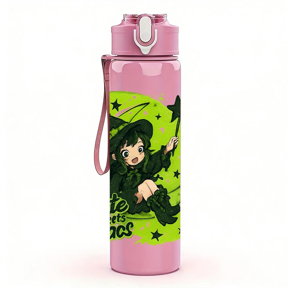1PC Green Witch Girl Art Pattern 750ml Color Plastic Sports Water Bottle Leakproof Flip Straw Lid Suitable for Sports Office Home Use