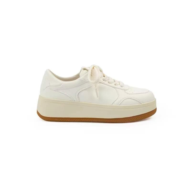 Womens Chunky Sole White Sneakers With 5cm Platform Height Round Toe Lace-Up Casual Shoes Daily Wear