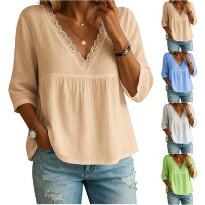 Women's Fashionable Casual Three,quarter Sleeve Lace V,neck Pullover Shirt