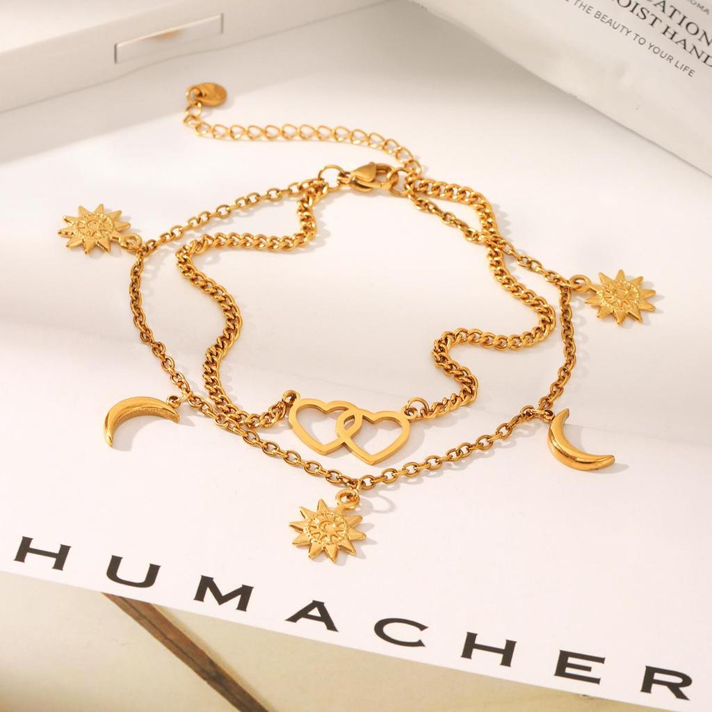 Stainless Steel Double-Layer Anklet with Heart, Moon, & Sun Pendant - Fashionable, Simple, High-End Jewelry