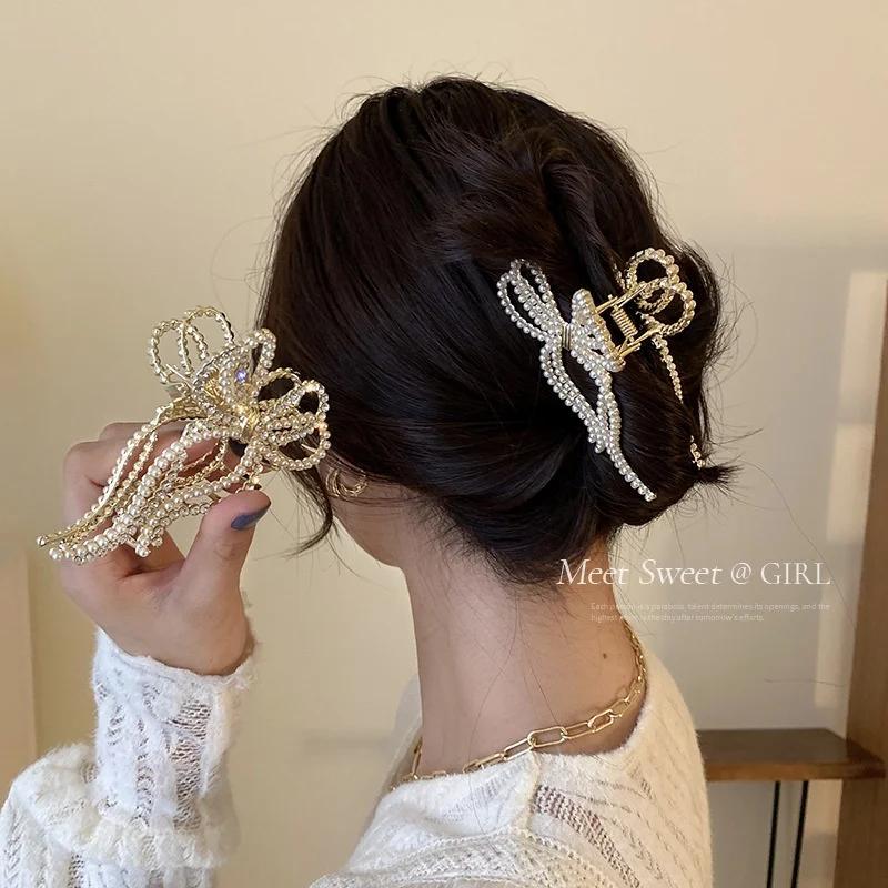 New Pearl Hair Claw Set Clip For Women Pearl Bow Hairpins Metal Hair Accessory Geometric Hollow Pincer Barrette Crystal Clip Big