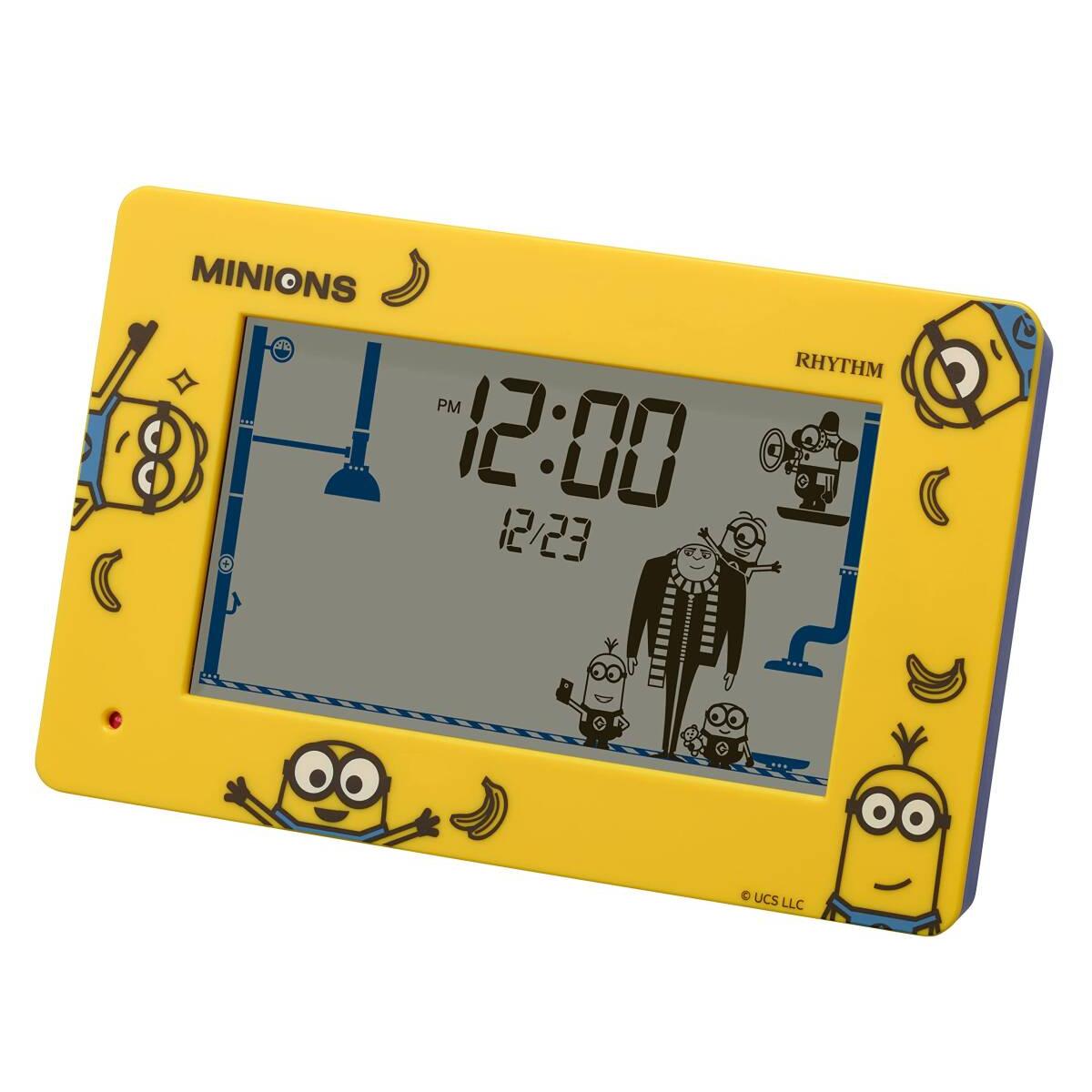 Used RHYTHM Minion Alarm Clock Funny Action Digital Clock with Calendar Yellow 10x16.2xt