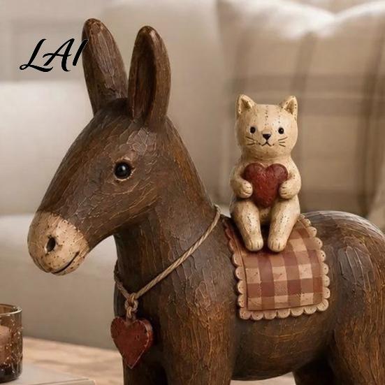 Collectible Animal Figurines Rustic Donkey Resin Figurine Farmhouse Style with Cat Tabletop Retro Interior Decorations Decoration Vintage