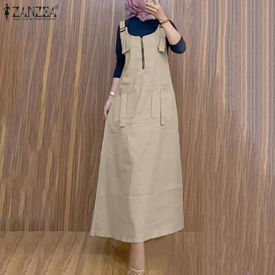 Women Casual Zipper U-Neck Loose Sleeveless Straps Dress