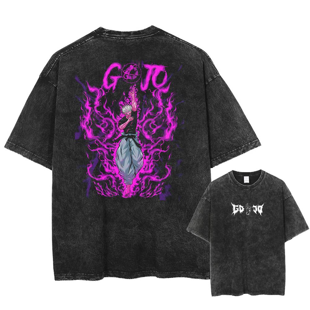 Japan Anime Jujutsu Kaisen Gojo Satoru Print Washed Tshirt Men High Quality Cotton T-shirts Manga Casual T Shirt Harajuku Tops