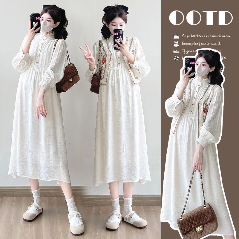 2026 Spring New Chinese Style Maternity Dress + Vest Two-Piece Set M