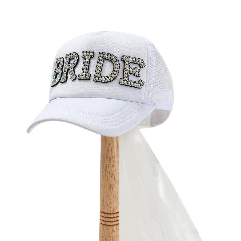 Unisex Casual Hat with Pearl Letters, Mesh & Bridal Veil for a Chic Engagement Party