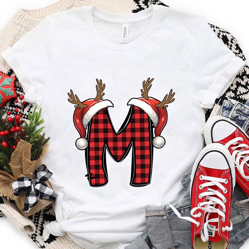 Christmas Alphabet AZ Letter Print Womens Tshirt Santa Graphic Casual Holiday Fashion Top Xmas Party Tees shirt for Women