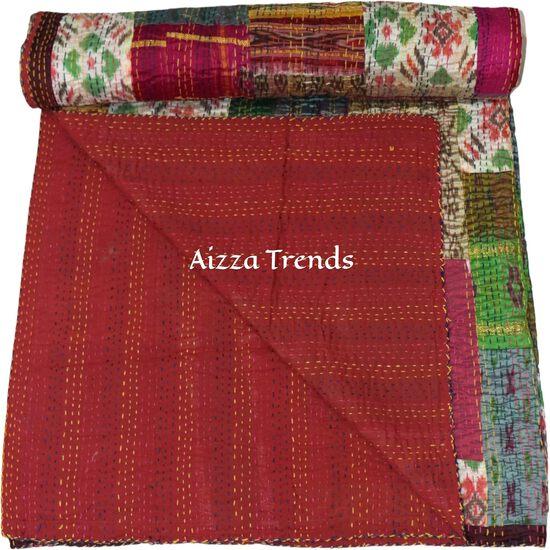 Aizza Trends Handmade Pure Cotton Patch and Patola Work Kantha Quilt - Traditional Indian Throw Blanket-Vintage Cotton Silk Saree Quilt