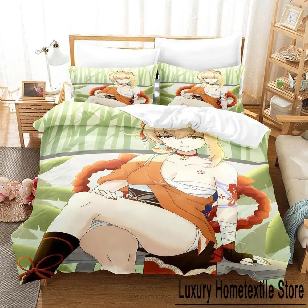 Game Yoimiya Genshin Impact Bedding Set Cartoon Anime Three-piece Set Adult Kid Bedroom Duvet Cover Sets 3D Kawaii Girls