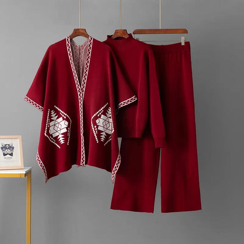 Women Suits Sets Embroidery Pants Thickened Sweaters Coat Top Longs Pants Three-piece Oversize 3PC Suit