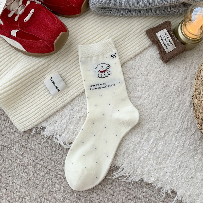 White Cute Cartoon English Dog Boneless Mid-calf Socks for Women, Pure Cotton Bow Polka Dot Pile Socks