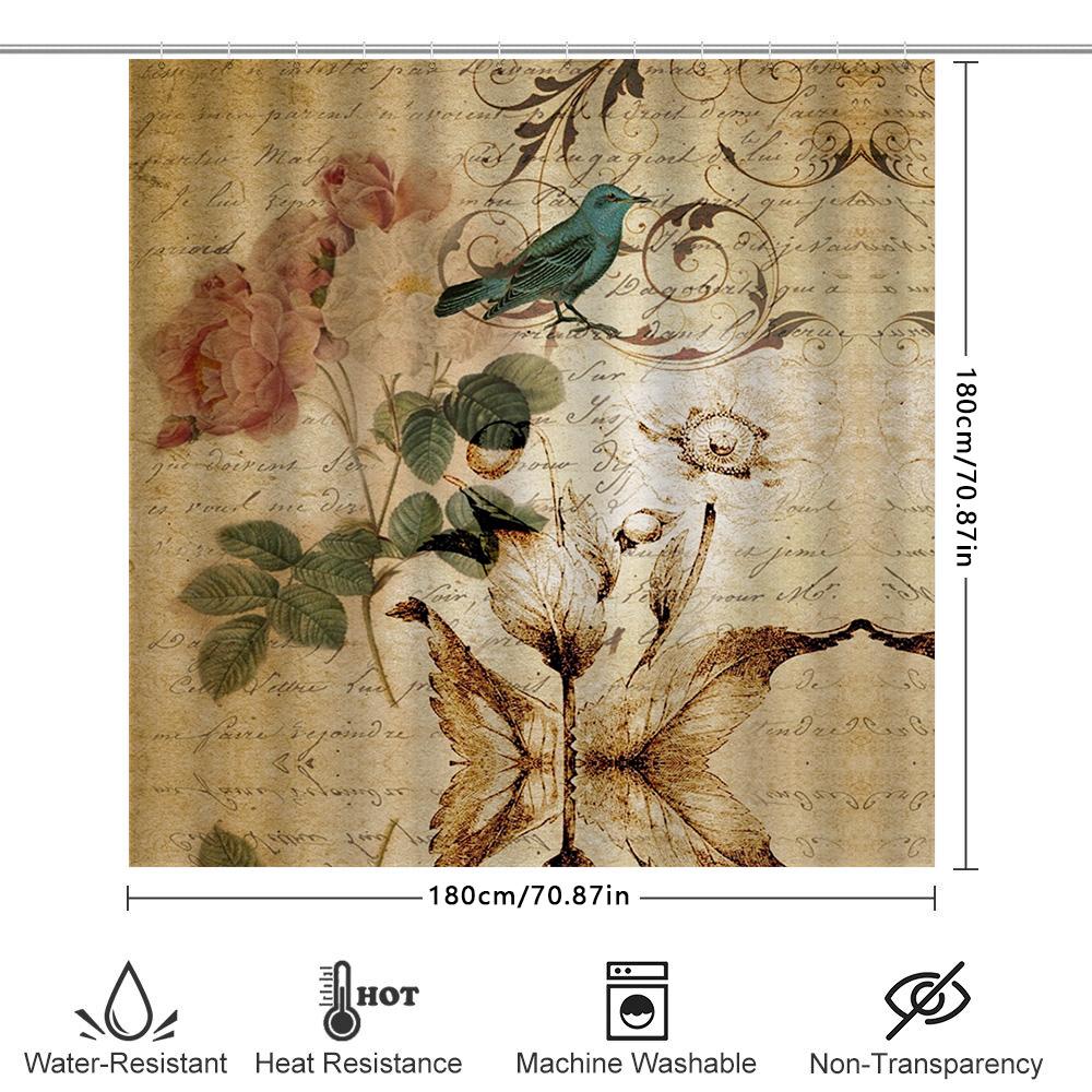 Vintage Badezimmer Duschvorhang Dekor Mit Blumendesign Für Wohnkultur Wasserdichtes Stoffhakenringe Set (Grüner Vogel)
