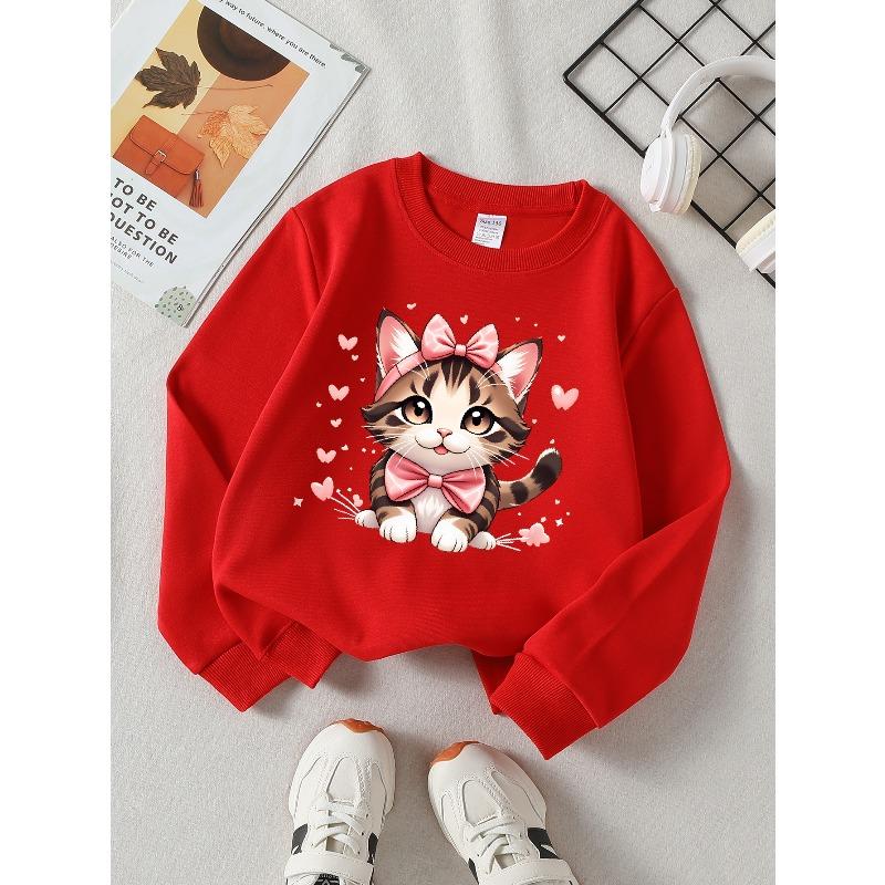 Girls Crew Neck SweatshirtCute Cat with Pink Bow And Hearts, Soft Cozy Pullover, Warm Casual Outfit for Autumn & Winter