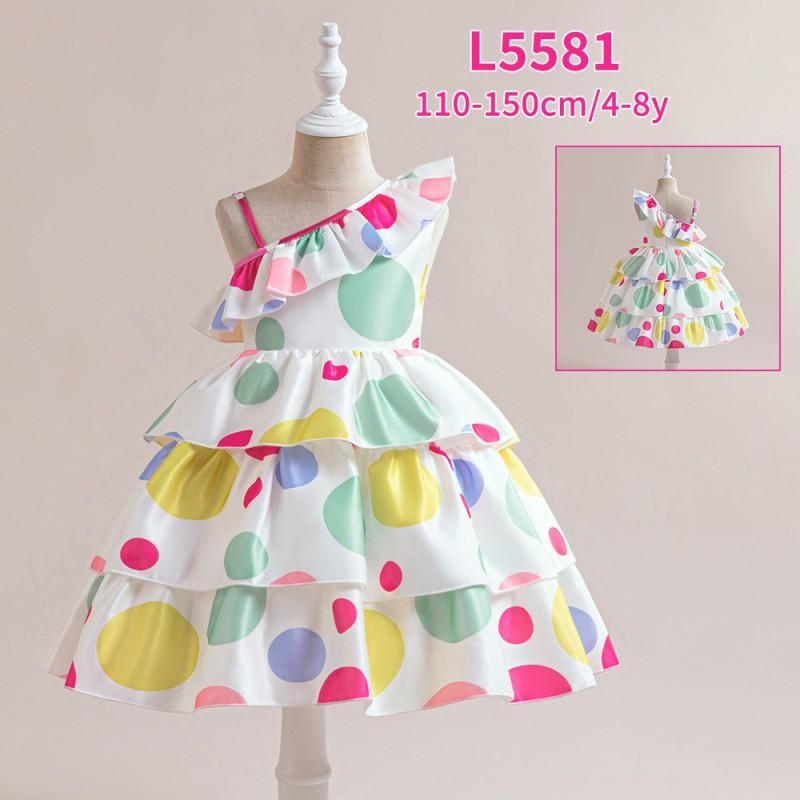 Girls Polka Dot Princess Dress Off Shoulder Formal Gown Kids 4-8 Years Festival Performance Wear
