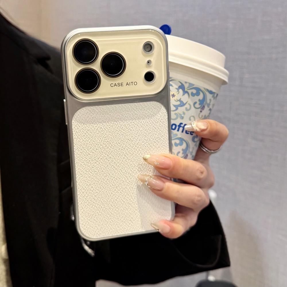 New Solid Color Leather Texture Phone Case For iPhone 17 16 15 14 Pro Max 13 Bumper Crystal Large Window Shockproof Cover