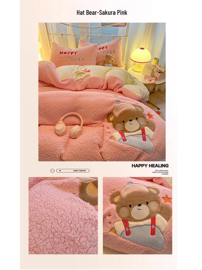 Cartoon Chenille Embroidered Lambswool Fleece Bedding Set - Duvet Cover & Bed Sheet